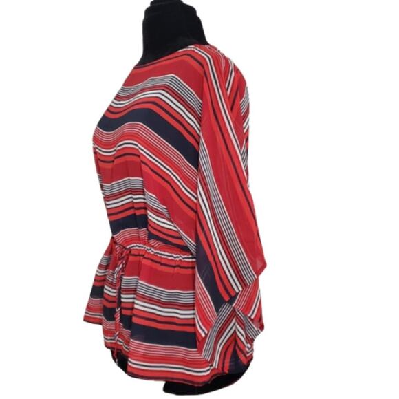 Red White and Blue Striped Top Medium Drawstring Cinched Waist - Picture 2 of 8